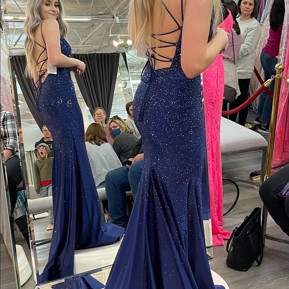 Navy Blue Sequin Sherri Hill Prom Dress